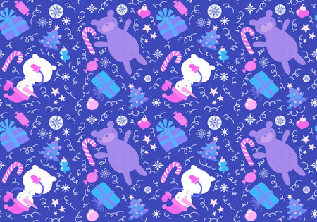 Christmas cartoon seamless bears and snowman and gift box and candy pattern for wrapping paper and fabrics and linens and festive packaging and new year accessories. high quality illustrationの写真素材