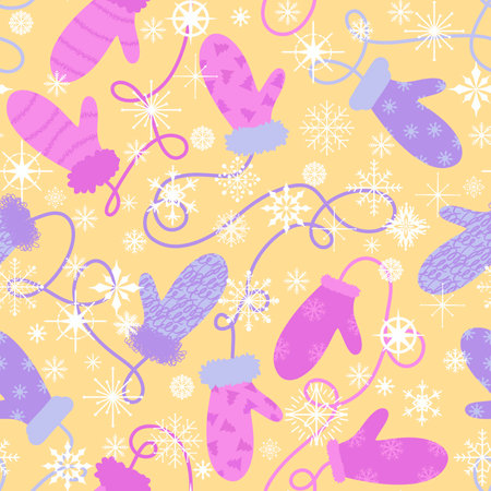 Winter gloves seamless Christmas mittens with snowflakes pattern for wrapping paper and fabrics and linens and kids clothes print and new year packaging and accessories. high quality illustrationの写真素材