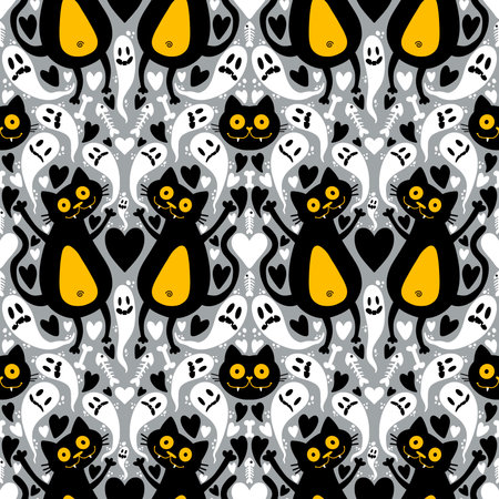 Cartoon animals monsters seamless Halloween cats and ghost pattern for wrapping paper and fabrics and kids clothes print and festive packaging and accessories . high quality illustrationの写真素材