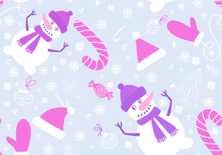 Cartoon snowman seamless Christmas pattern for new year accessories and wrapping paper and kids clothes print and festive and linens and gifts box packaging. high quality illustrationの写真素材