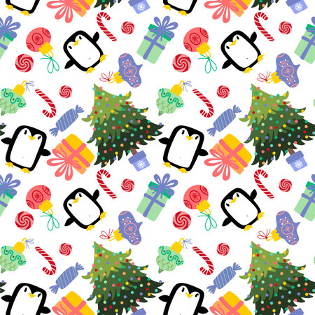 Christmas cartoon animals seamless penguin and gift box and candy pattern for wrapping paper and fabrics and kids clothes print and new year packaging and Noel accessories. high quality illustrationの写真素材