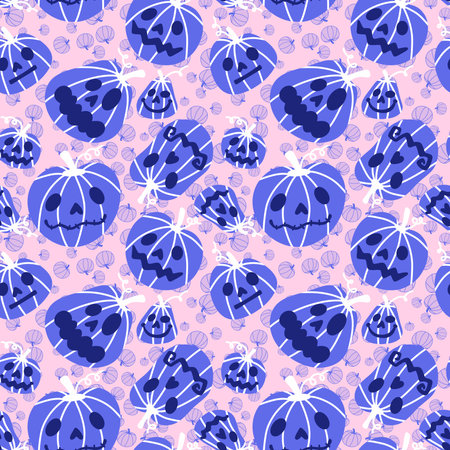 Autumn harvest seamless cartoon pumpkins Halloween pattern for wrapping paper and fabrics and linens and kids clothes print and packaging and kitchen accessories. high quality illustrationの写真素材