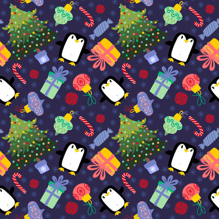 Christmas cartoon animals seamless penguin and gift box and candy pattern for wrapping paper and fabrics and kids clothes print and new year packaging and Noel accessories. high quality illustrationの写真素材