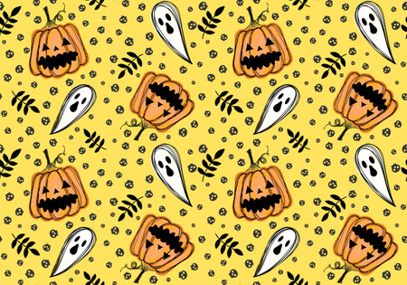 Autumn cartoon harvest vegetable seamless Halloween pumpkins and ghost pattern for wrapping paper and fabrics and kids clothes print and festive packaging. high quality illustrationの写真素材