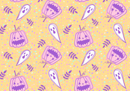 Autumn cartoon harvest vegetable seamless Halloween pumpkins and ghost pattern for wrapping paper and fabrics and kids clothes print and festive packaging. high quality illustrationの写真素材