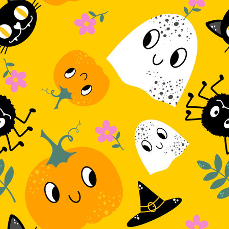 Cartoon Halloween seamless pumpkins and ghost pattern for wrapping paper and fabrics and kids clothes print and festive packaging and accessories. high quality illustrationの写真素材
