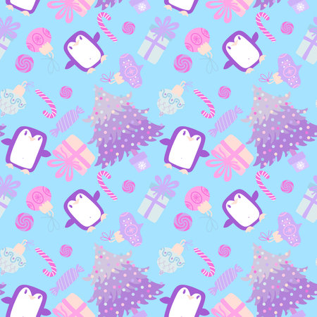 Christmas cartoon animals seamless penguin and gift box and candy pattern for wrapping paper and fabrics and kids clothes print and new year packaging and Noel accessories. high quality illustrationの写真素材