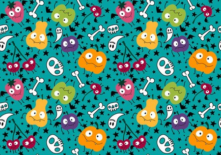 Autumn cartoon season harvest Halloween fruit monsters vampire pattern for wrapping paper and fabrics and linens and kids clothes print and gift box packaging. high quality illustrationの写真素材