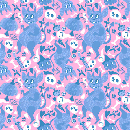 Cartoon Halloween monsters seamless devils and pumpkins and ghost animals skulls pattern for wrapping paper and fabrics and clothes print and festive accessories. high quality illustrationの写真素材