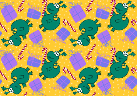 Cartoon animals dinosaur Christmas seamless dragon pattern for wrapping paper and kids clothes print and fabrics and festive packaging. high quality illustrationの写真素材