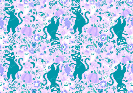 Cartoon animals monsters seamless Halloween cats and ghost pattern for wrapping paper and fabrics and kids clothes print and festive packaging and accessories . high quality illustrationの写真素材