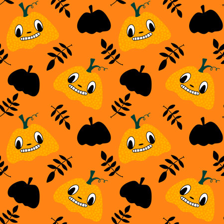Cartoon autumn vegetable seamless Halloween pumpkins pattern for wrapping paper and fabrics and kids clothes print and festive packaging and accessories. high quality illustrationの写真素材