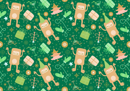 Cartoon yeti seamless Christmas pattern for wrapping paper and new year accessories and fabrics and...