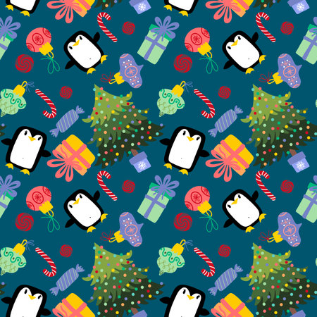 Christmas cartoon animals seamless penguin and gift box and candy pattern for wrapping paper and fabrics and kids clothes print and new year packaging and Noel accessories. high quality illustrationの写真素材