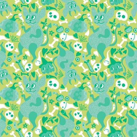Cartoon Halloween monsters seamless devils and pumpkins and ghost animals skulls pattern for wrapping paper and fabrics and clothes print and festive accessories. high quality illustrationの写真素材