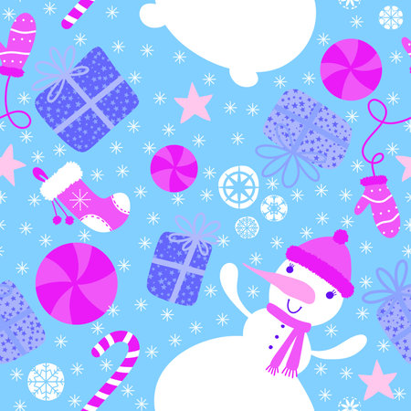 Cartoon Christmas snowman seamless candy and gift box and snowflakes and mittens pattern for winter wrapping paper and fabrics and kids clothes print and new year packaging. high quality illustrationの写真素材