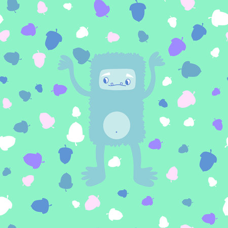 Autumn cartoon yeti seamless acorns pattern for wrapping paper and fabrics and kids clothes print and winter packaging and accessories. high quality illustrationの写真素材