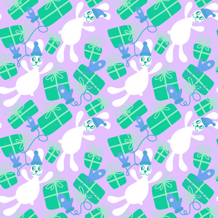 Cartoon animals rabbit seamless Christmas bunnies pattern for wrapping paper and fabrics and kids clothes print and festive packaging and new year accessories. high quality illustrationの写真素材