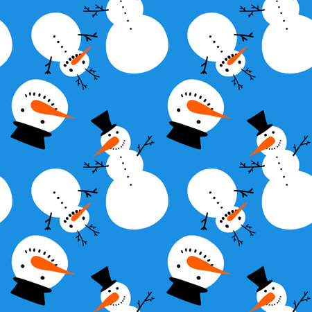 Christmas cartoon snowman seamless ice and hat and carrot pattern for wrapping paper and fabrics and kids clothes print and festive packaging and new year accessories. high quality illustrationの写真素材