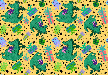 New year dragon seamless cartoon Christmas dinosaur pattern for wrapping paper and kids clothes print and festive packaging and fabrics and Noel accessories. high quality illustrationの写真素材