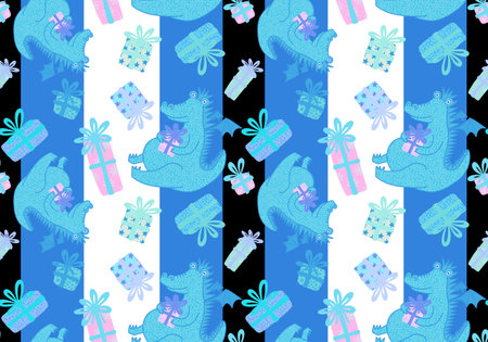 New year dragon seamless cartoon Christmas dinosaur pattern for wrapping paper and kids clothes print and festive packaging and fabrics and Noel accessories. high quality illustrationの写真素材