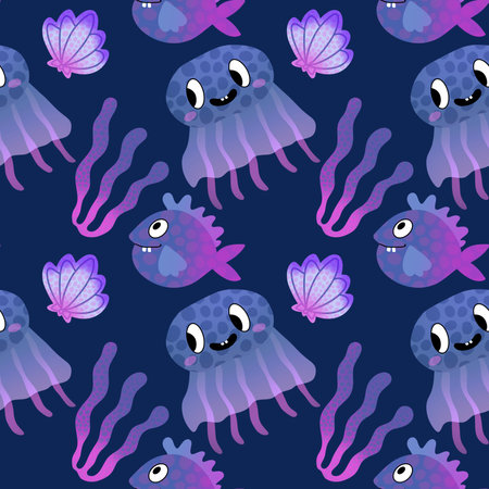 Cartoon fish seamless jellyfish and shall and coral pattern for fabrics and wrapping paper and kids...