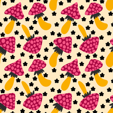Autumn harvest seamless cartoon polka dots mushrooms pattern for wrapping paper and fabrics and kids clothes print and Halloween packaging and forest accessories. high quality illustrationの写真素材