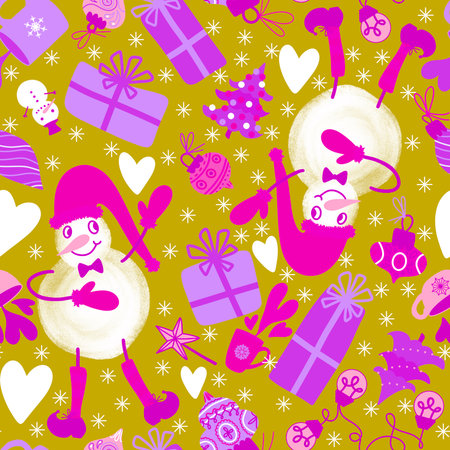 Cartoon Christmas snowman seamless gift box and tea and illumination bulbs and mittens and balls pattern for wrapping paper and fabrics and festive packaging and winter. high quality illustrationの写真素材