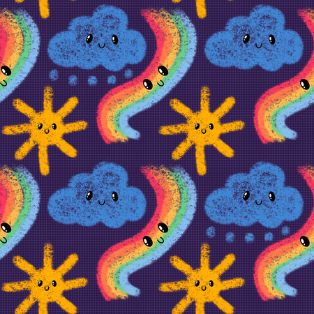 Cartoon sun and rainbow and clouds seamless doodle pattern for wrapping paper and fabrics and kids...
