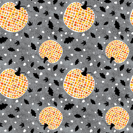 Autumn harvest seamless Halloween mosaic pumpkins pattern for wrapping paper and fabrics and kids clothes print and kitchen textiles and festive packaging. high quality illustrationの写真素材