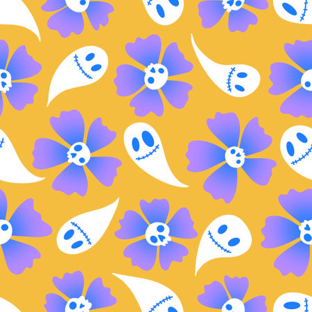 Autumn floral seamless Halloween skulls flower pattern for wrapping paper and fabrics and kids clothes print and festive packaging and funny accessories. high quality illustrationの写真素材