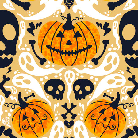 Autumn vegetable harvest seamless Halloween pumpkins pattern for wrapping paper and fabrics and kids clothes print and kitchen and festive packaging and fashion textiles. high quality illustrationの写真素材