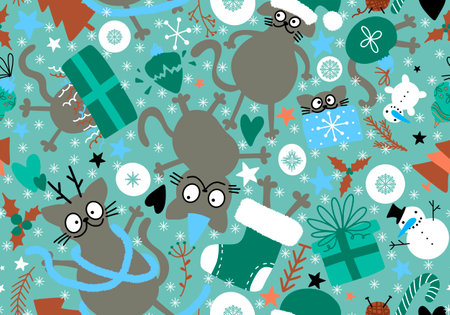 Christmas animals seamless cats and gift box and tree and toys pattern for wrapping paper and fabrics and kids clothes print and new year packaging and festive accessories. high quality illustrationの写真素材