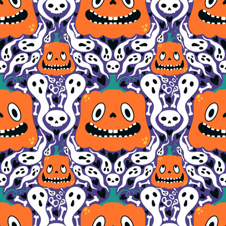 Halloween cartoon seamless pumpkins and ghost and skulls pattern for wrapping paper and fabrics and kids clothes print and festive packaging and autumn accessories. high quality illustrationの写真素材