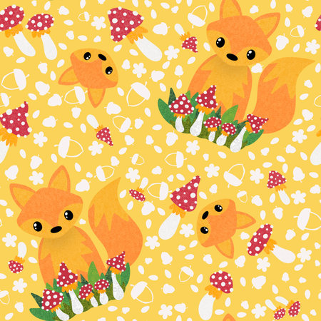 Autumn cartoon animals seamless fox and mushrooms fly agaric pattern for wrapping paper and fabrics and kids and festive packaging and accessories and fashion textiles. high quality illustrationの写真素材