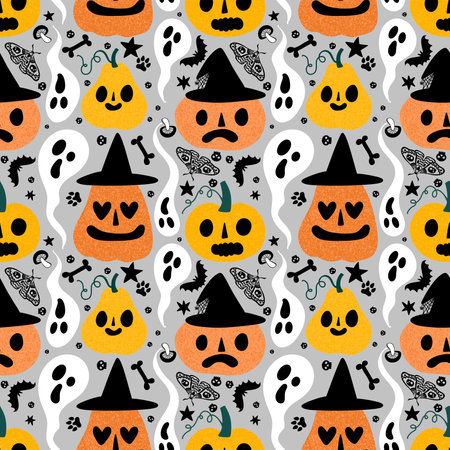 Halloween cartoon pumpkins seamless autumn pattern for festive packaging and wrapping paper and fabrics and kids clothes print and kitchen textiles and packaging. high quality illustrationの写真素材