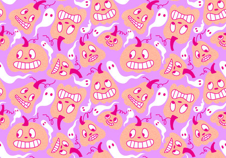 Cartoon retro seamless Halloween pumpkins pattern for kids clothes print and wrapping paper and fashion textileの写真素材