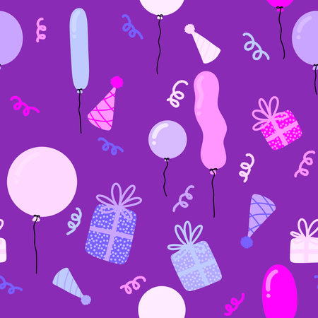 Cartoon festive seamless birthday balloons and gifts box pattern for wrapping paper and fabrics and kids clothes print and party accessories and packaging. high quality illustrationの写真素材