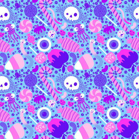 Cartoon Halloween candy seamless lollipop and sugar cherry and worms and skulls pattern for wrapping and kids clothes print and autumn accessories and festive packaging. High quality illustrationの写真素材