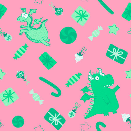 Cartoon Christmas dinosaur seamless dragon and candy and gift box and toys pattern for wrapping paper and fabrics and and festive accessories and new year accessories. high quality illustrationの写真素材