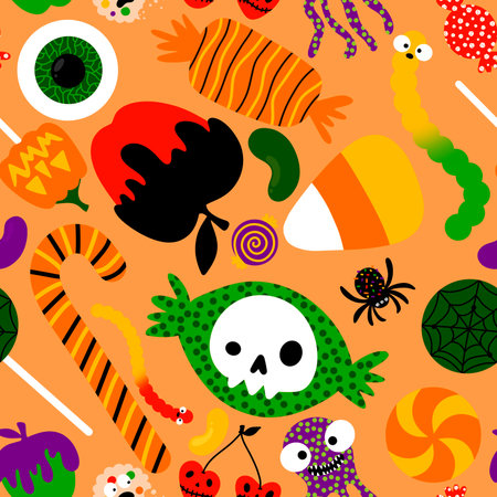 Cartoon Halloween candy seamless lollipop and sugar cherry and worms and skulls pattern for wrapping and kids clothes print and autumn accessories and festive packaging. High quality illustrationの写真素材