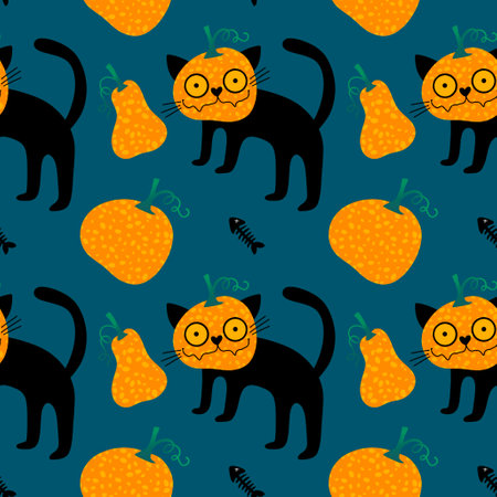 Cartoon doodle Halloween seamless cats and pumpkins and skulls and bones pattern for wrapping paper and fabrics and linens and kids print and autumn and festive. High quality illustrationの写真素材