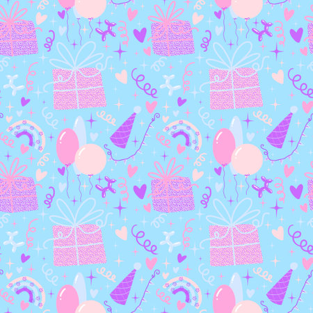 Cartoon retro seamless happy birthday pattern for wrapping paper and lines and fabrics and kids clothes print and festive packaging and accessories. High quality illustrationの写真素材