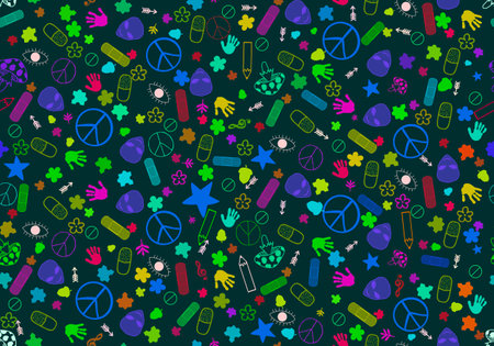 Cartoon retro sign seamless peace and aliens and pills and flower pattern for wrapping paper and...