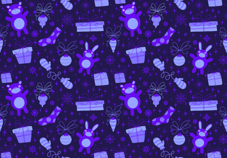 Christmas doodle animals seamless gift box and gloves and bears and socks pattern for wrapping paper and fabrics and new year accessories and print and winter packaging. High quality illustrationの写真素材