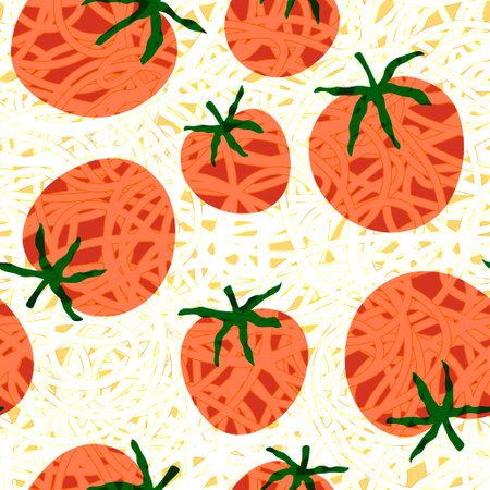 Abstract doodle pasta and tomato seamless restaurants dish pattern for wrapping paper and fabrics and kitchen textiles and cafe accessories and spaghetti packaging. High quality illustrationの写真素材