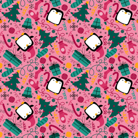 Christmas tree and animals seamless penguin and gift box and candy and Santa hat pattern for wrapping paper and fabrics and lines and kids print and new year accessories. High quality illustrationの写真素材