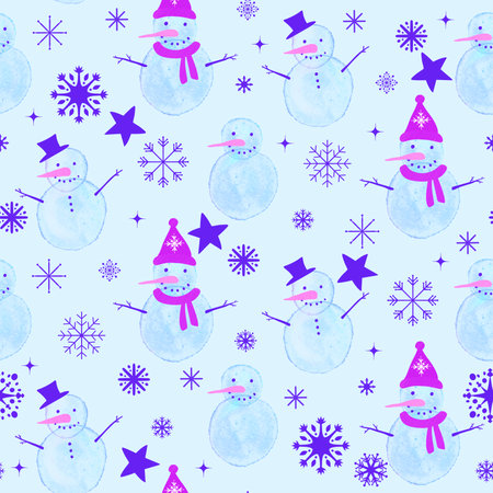 Winter ice seamless Christmas watercolor snowman pattern for wrapping paper and fabrics and lines and kids clothes print and new year accessories and festive packaging. High quality illustrationの写真素材