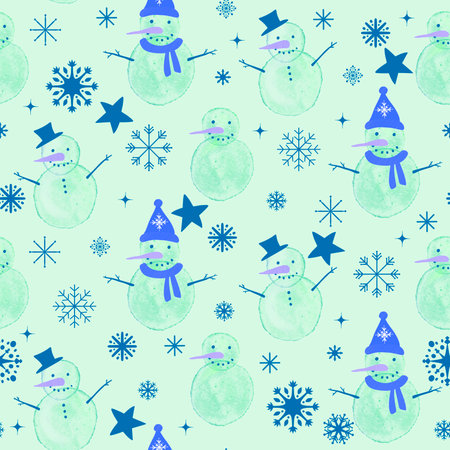 Winter ice seamless Christmas watercolor snowman pattern for wrapping paper and fabrics and lines and kids clothes print and new year accessories and festive packaging. High quality illustrationの写真素材