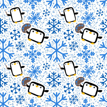 Cartoon winter animals seamless Christmas penguin with paint pattern for fabrics and lines and wrapping paper and kids clothes print and new year accessories and packaging. High quality illustrationの写真素材